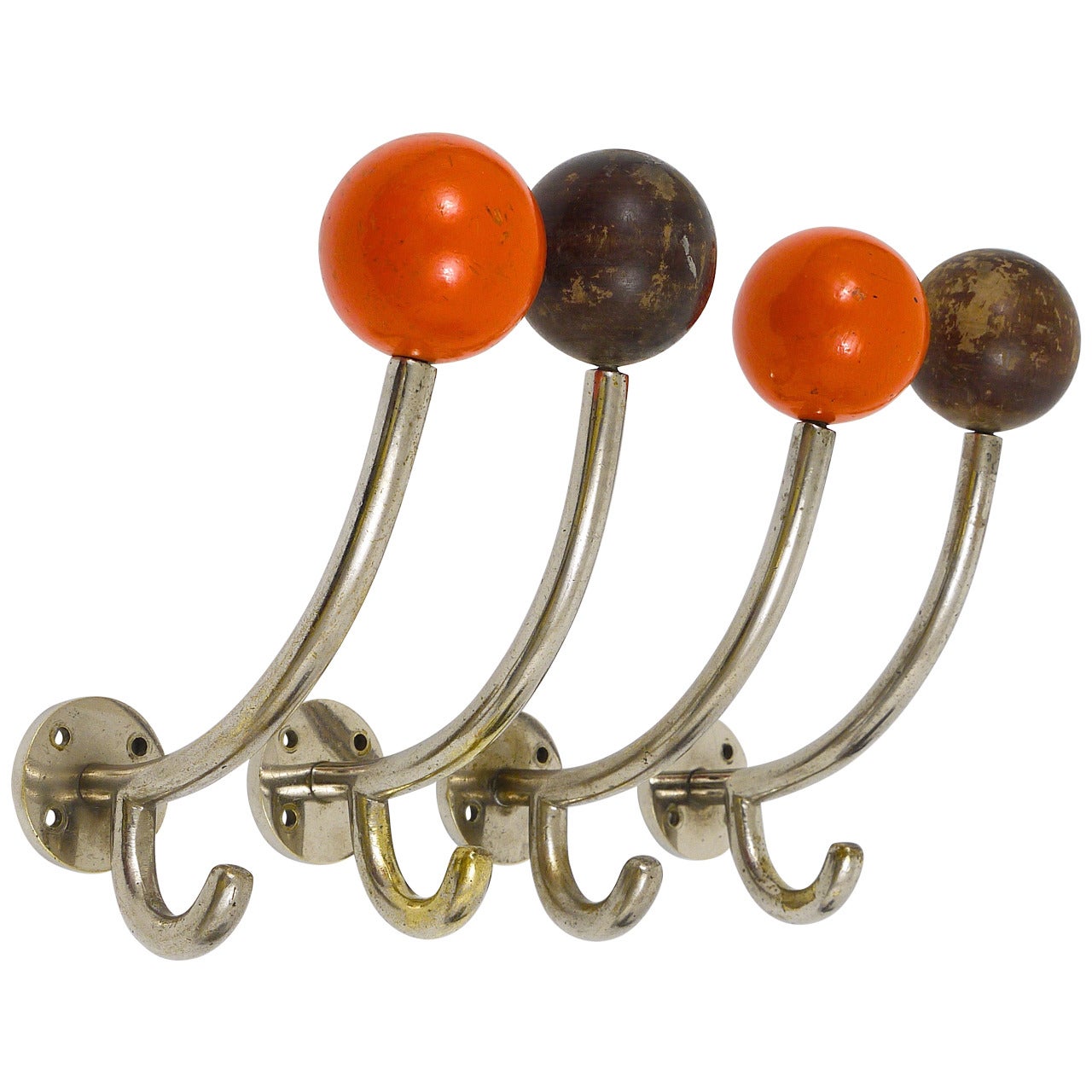 Four Art Deco Wall Hooks, Nickel Plated with Wooden Balls, Austria 1930s