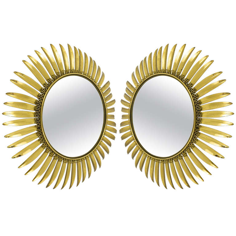 A French Floral Convex Brass Sunburst Mirrors with Leaves, 1960's