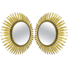 A French Floral Convex Brass Sunburst Mirrors with Leaves, 1960's
