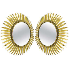 A French Floral Convex Brass Sunburst Mirrors with Leaves, 1960's