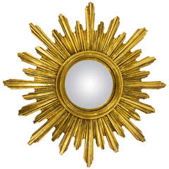 French Convex Carved Gilt Wood Sunburst Starburst Mirror, 1950's