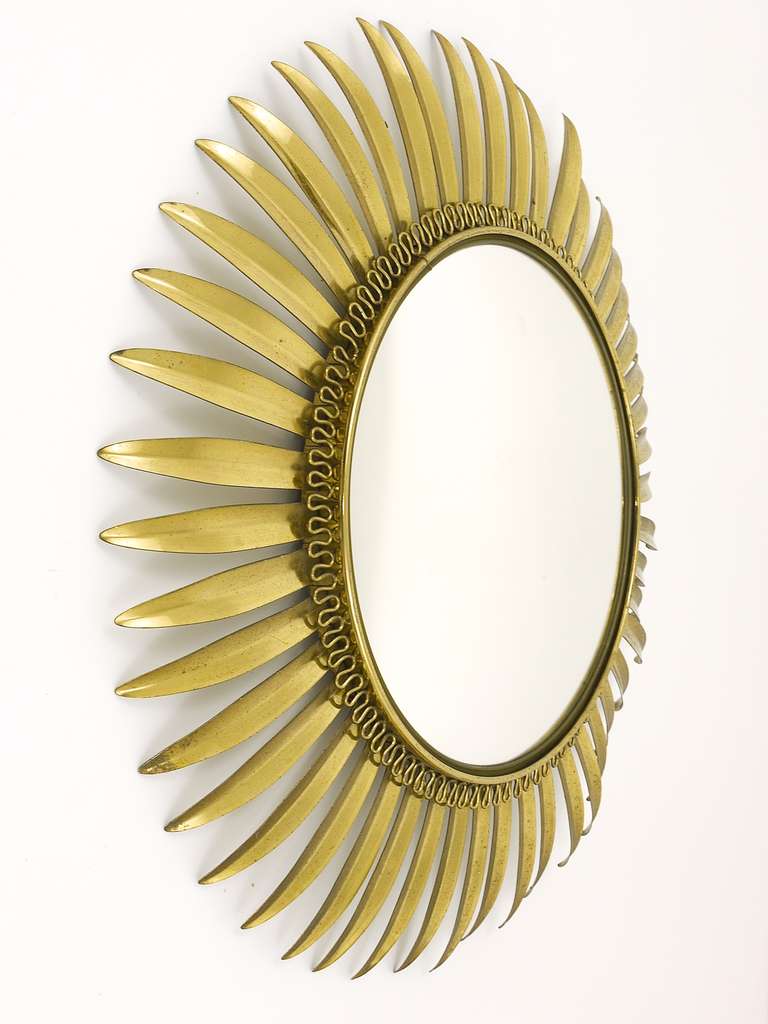 A French Floral Convex Brass Sunburst Mirrors with Leaves, 1960's In Good Condition In Vienna, AT