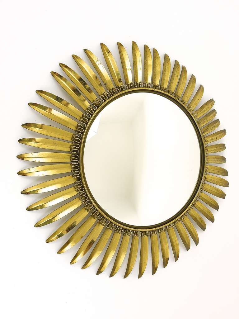 Mid-Century Modern A French Floral Convex Brass Sunburst Mirrors with Leaves, 1960's