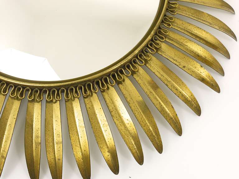 Mid-20th Century A French Floral Convex Brass Sunburst Mirrors with Leaves, 1960's