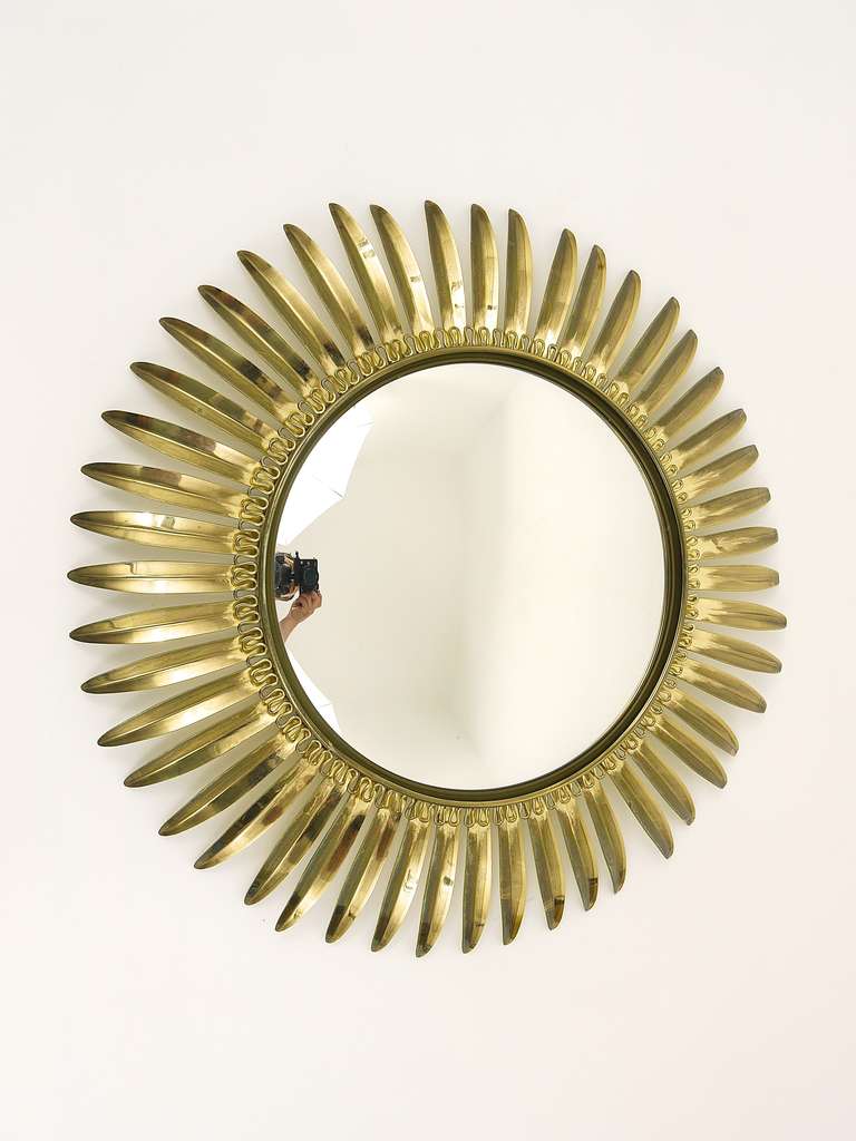 A French Floral Convex Brass Sunburst Mirrors with Leaves, 1960's 1