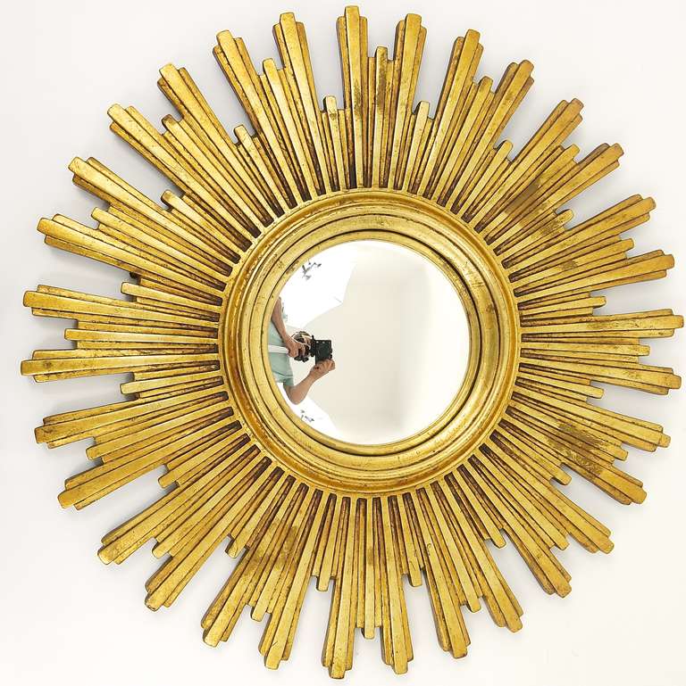 Mid-Century Modern One Of 3 Matching Convex Gilt Wood Sunburst Starburst Mirror, France, 1950s