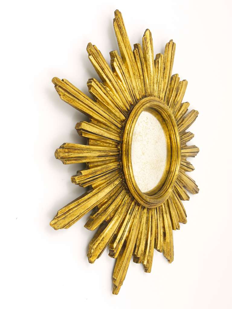 Mid-Century Modern French Convex Carved Gilt Wood Sunburst Starburst Mirror, 1950's