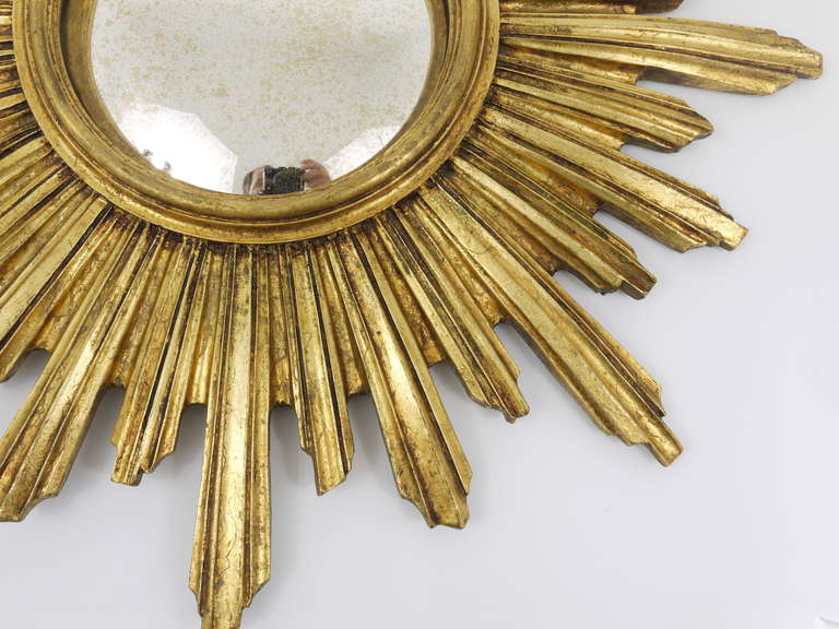 French Convex Carved Gilt Wood Sunburst Starburst Mirror, 1950's 1