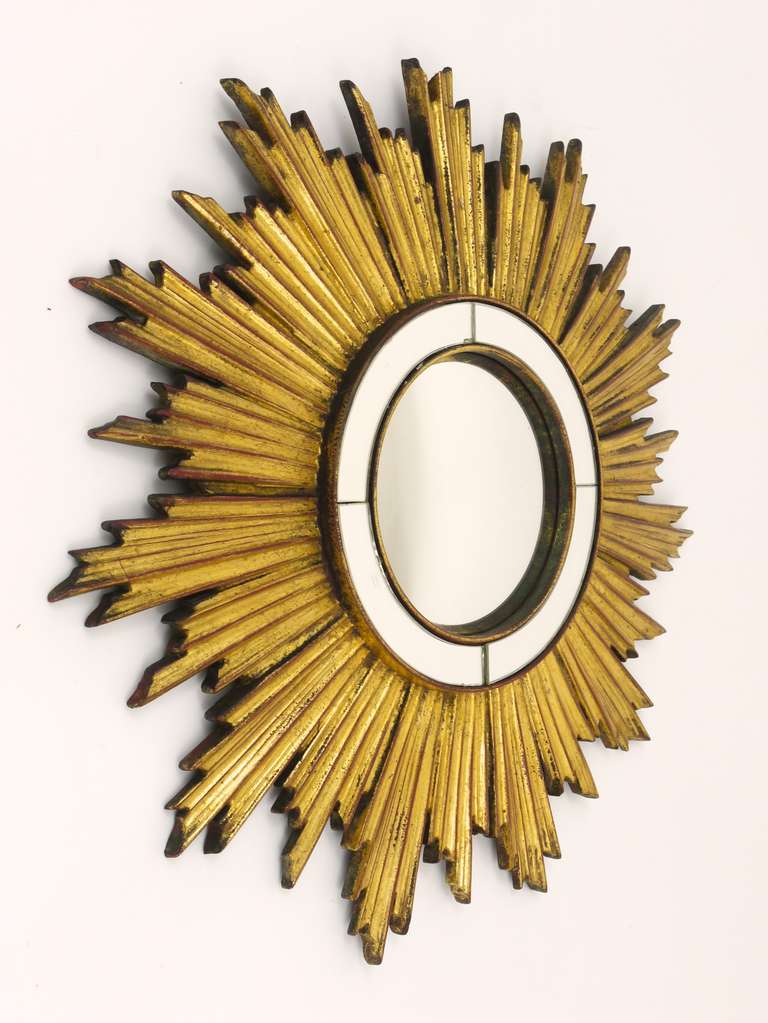 Unusual French Convex Sunburst Starburst Gilt Wood Wall Mirror, 1950's