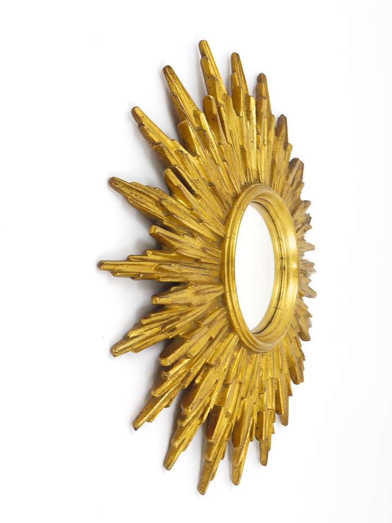 Mid-Century Modern French Gilt Convex Sunburst Starburst Wall Mirror, 1960's