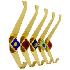 Set of Five Beautiful Golden Wall Coat Hooks with Enameled Covers, Italy 1960s