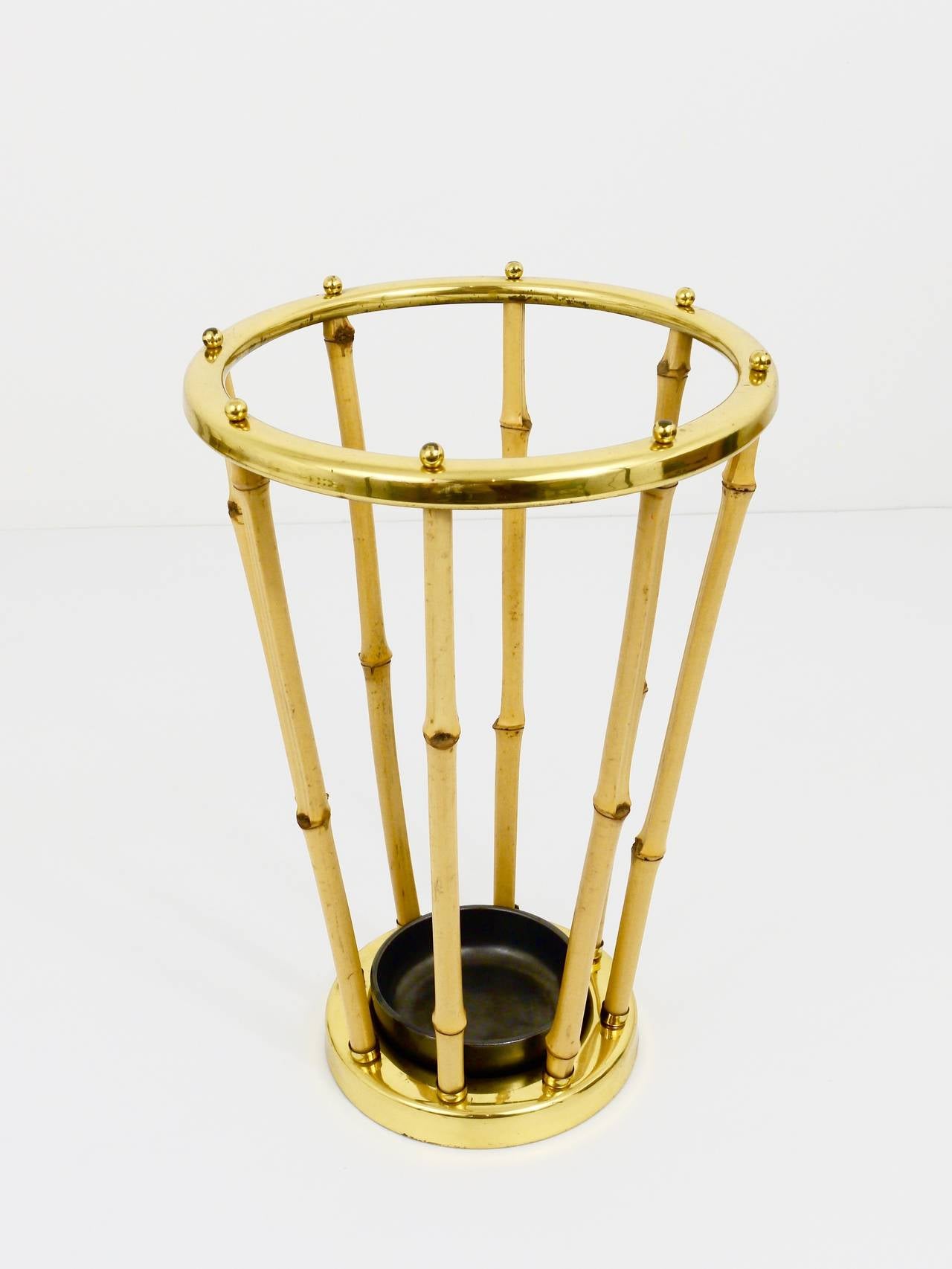 Austrian Carl Aubock Style Brass & Bamboo Midcentury Umbrella Stand, Austria, 1950s For Sale