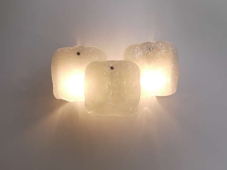 Austrian Up to Four Kalmar Frosted Ice Glass Panel Sconces Modernist Wall Lamps, 1960s