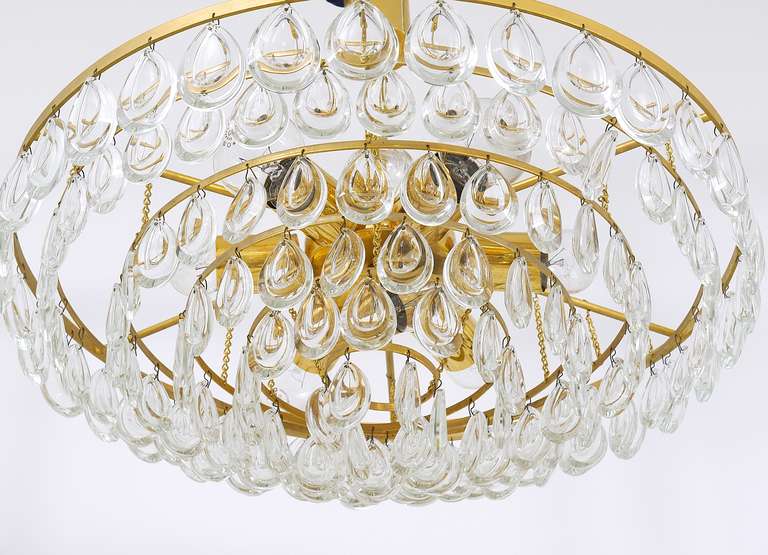 Gilded Brass and Teardrop Crystal Glass Chandelier by Palwa, circa 1970s 1