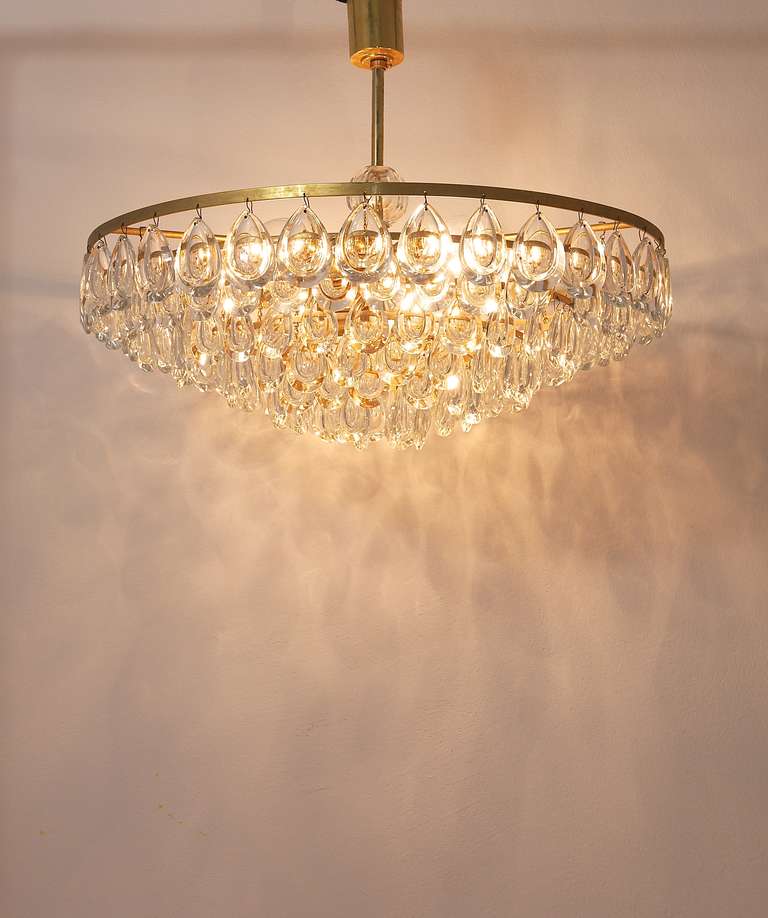 Gilded Brass and Teardrop Crystal Glass Chandelier by Palwa, circa 1970s 3