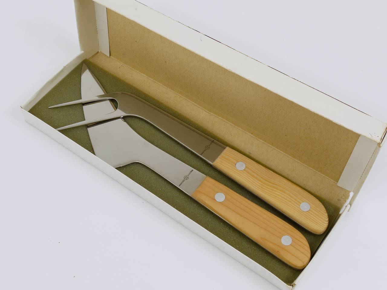 Stainless Steel Boxed Mid Century Carving Set 5009, Knife and Fork by Amboss Austria, 1960s For Sale