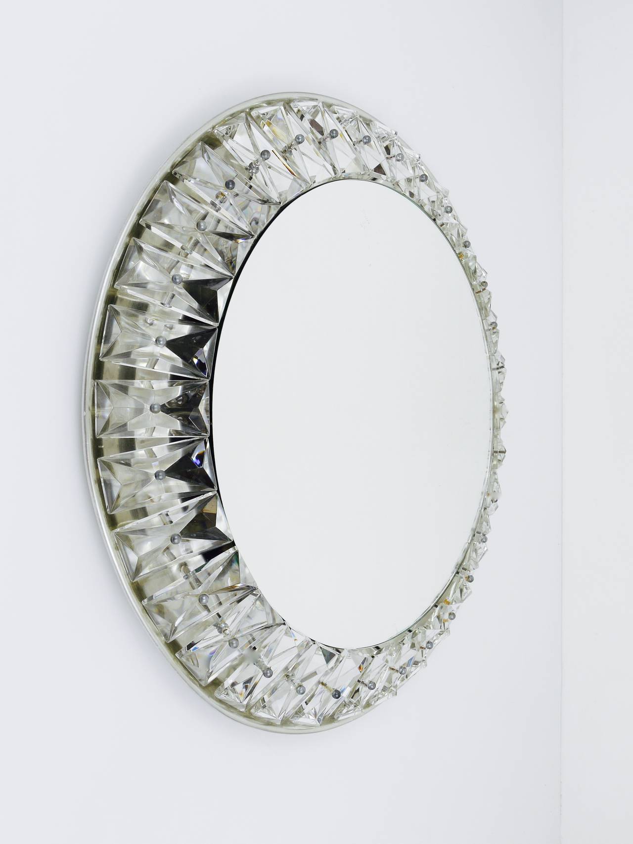Austrian Big Round Bakalowits Backlit Wall Mirror with Huge Crystals, Austria 1950s