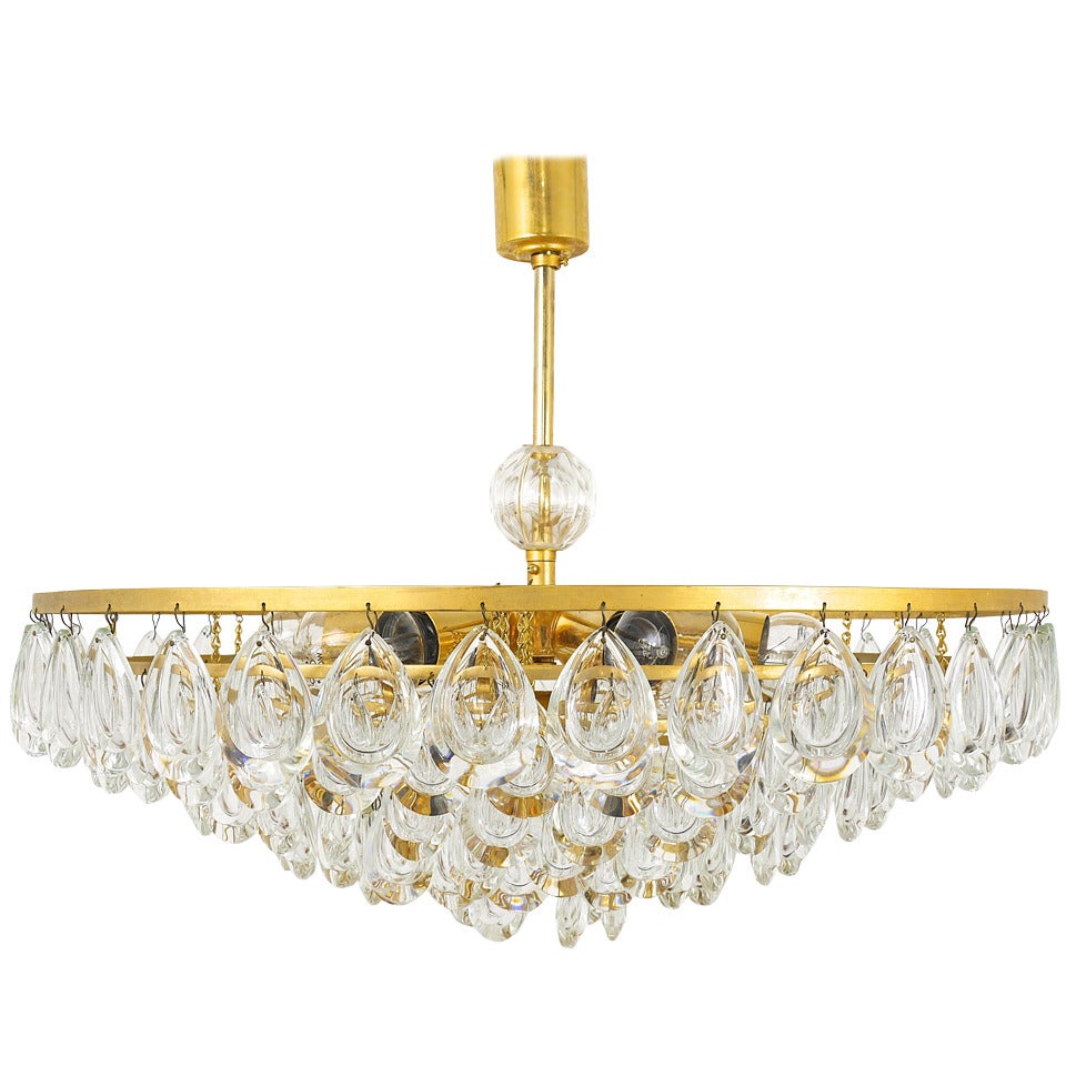 Gilded Brass and Teardrop Crystal Glass Chandelier by Palwa, circa 1970s