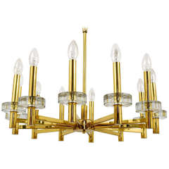 Italian Modernist Brass and Textured Glass Discs Chandelier, 1970s 1