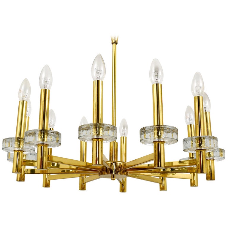 Italian Midcentury Brass Textured Glass Discs Chandelier, Sciolari