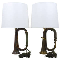 Pair of Brass Trumpet Horn Hunting Table Lamps with White Lampshades, 1950s 4