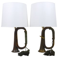 Pair of Brass Trumpet Horn Hunting Table Lamps with White Lampshades, 1950s