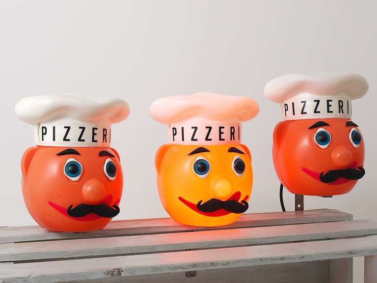 Two Illuminated Vintage Pizzeria Pizza Cook Chef Heads, 1960s 2