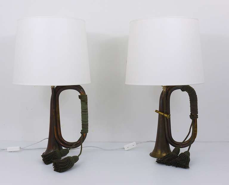 Mid-Century Modern Pair of Brass Trumpet Horn Hunting Table Lamps with White Lampshades, 1950s