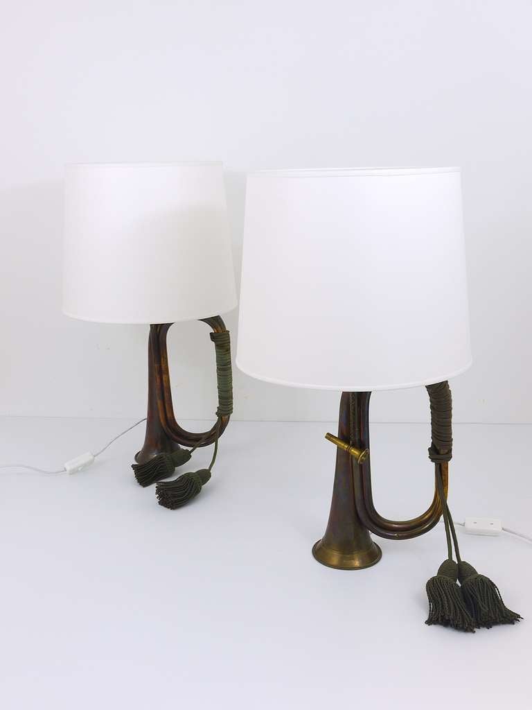 Austrian Pair of Brass Trumpet Horn Hunting Table Lamps with White Lampshades, 1950s For Sale