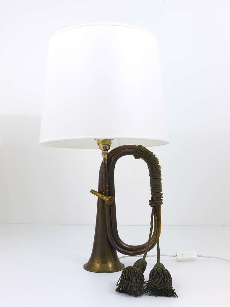 20th Century Pair of Brass Trumpet Horn Hunting Table Lamps with White Lampshades, 1950s For Sale