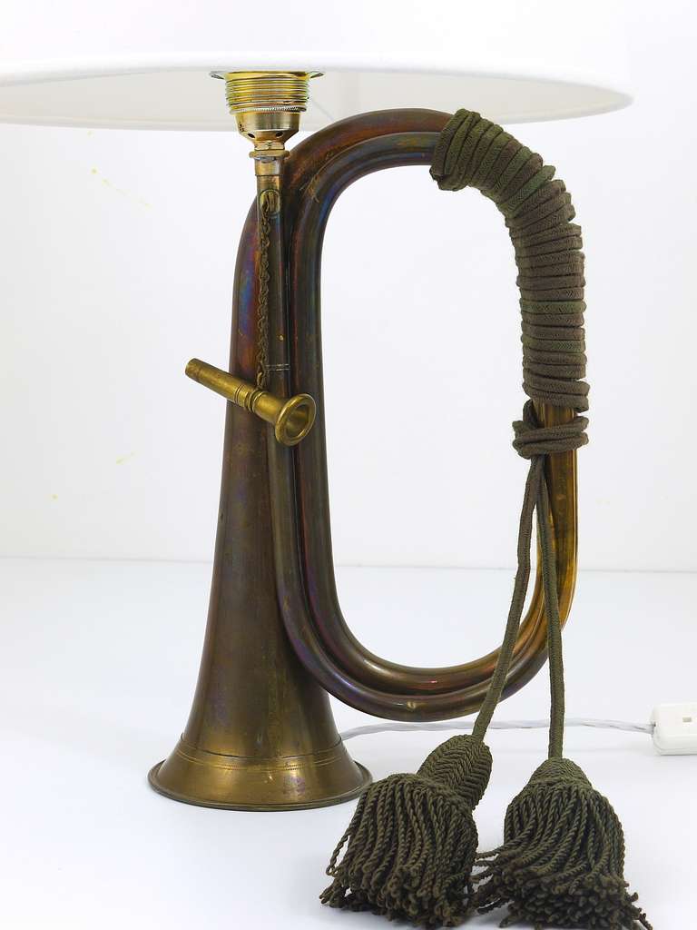 Pair of Brass Trumpet Horn Hunting Table Lamps with White Lampshades, 1950s For Sale 1