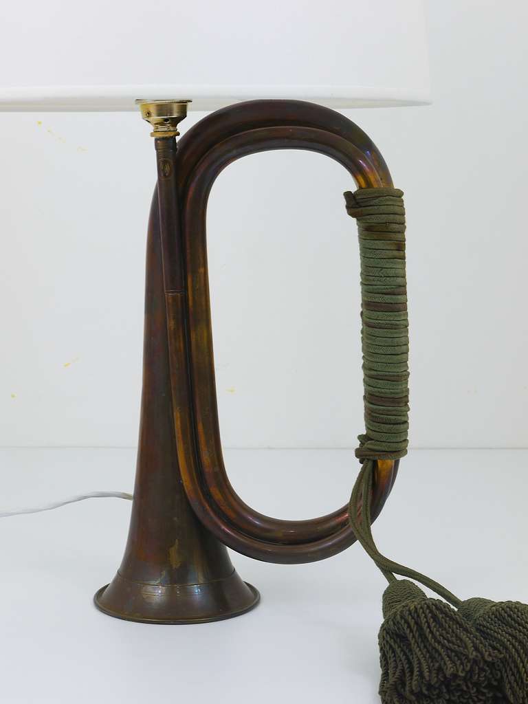 Pair of Brass Trumpet Horn Hunting Table Lamps with White Lampshades, 1950s For Sale 3