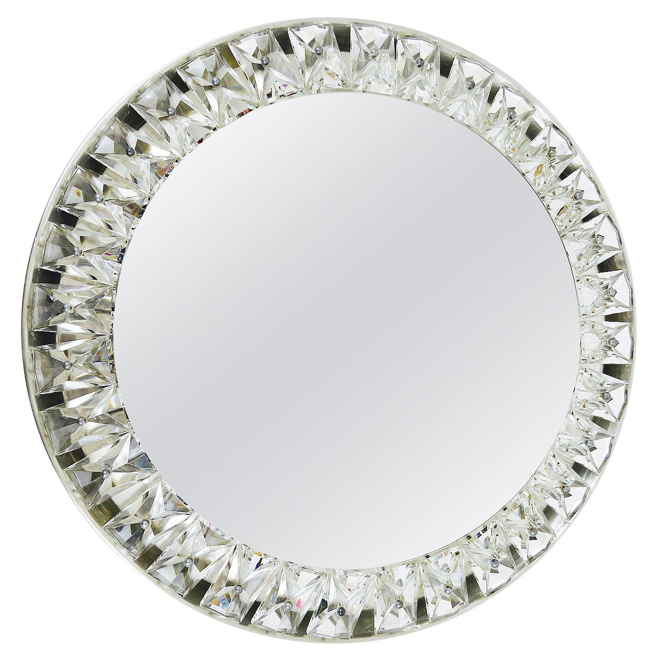 Big Round Bakalowits Backlit Wall Mirror with Huge Crystals, Austria 1950s