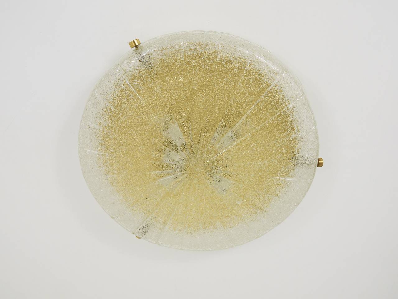 20th Century Carl Fagerlund Orrefors Textured Glass & Brass Flush Mount, Sweden, 1950s For Sale