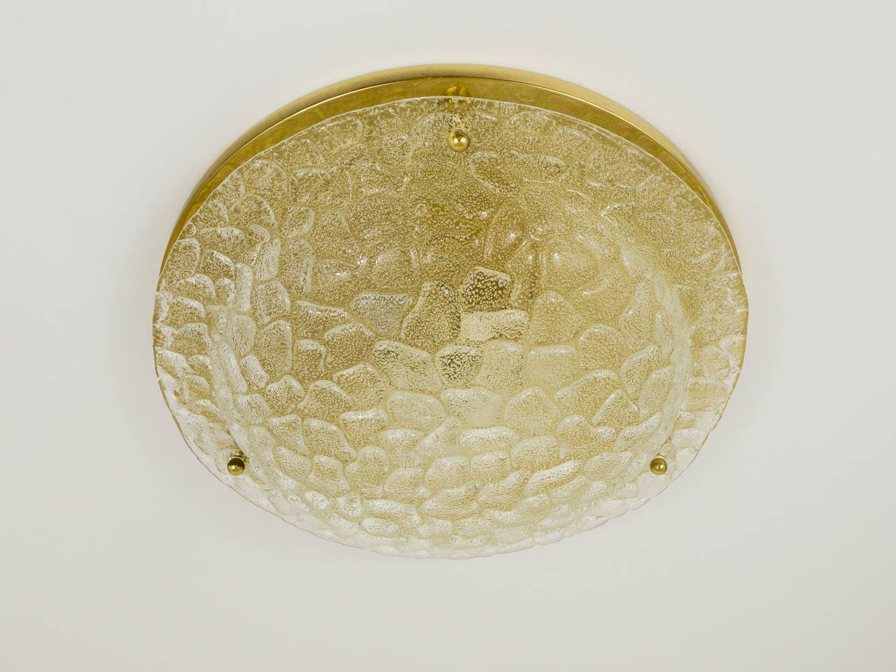 20th Century Large Hillebrand Textured Bubble Glass and Brass Flush Mount, Germany, 1970s For Sale