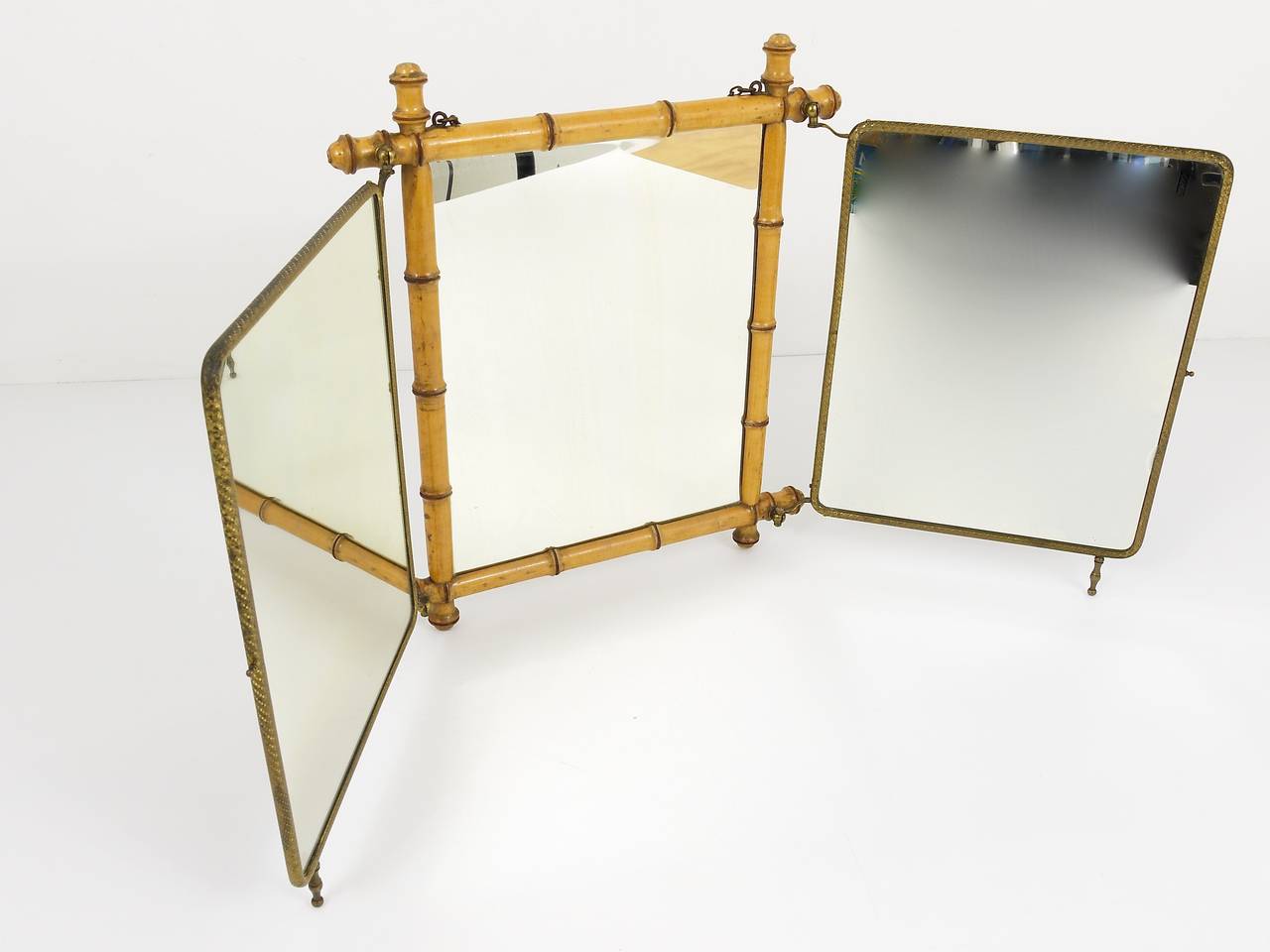French Faux Bamboo and Brass Triple Vanity Table Mirror or Wall Mirror, 1950s 3