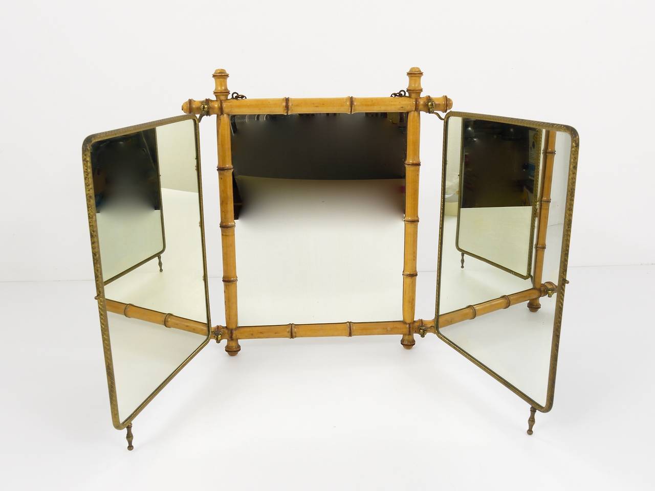French Faux Bamboo and Brass Triple Vanity Table Mirror or Wall Mirror, 1950s 2