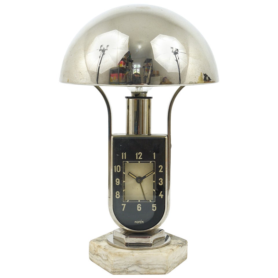 Nickel-Plated Art Deco Mofem Side Lamp with Integrated Alarm Clock Bauhaus