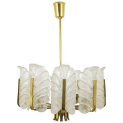 Carl Fagerlund Mid-Century Glass Leaves Brass Chandelier by Orrefors, 1950s