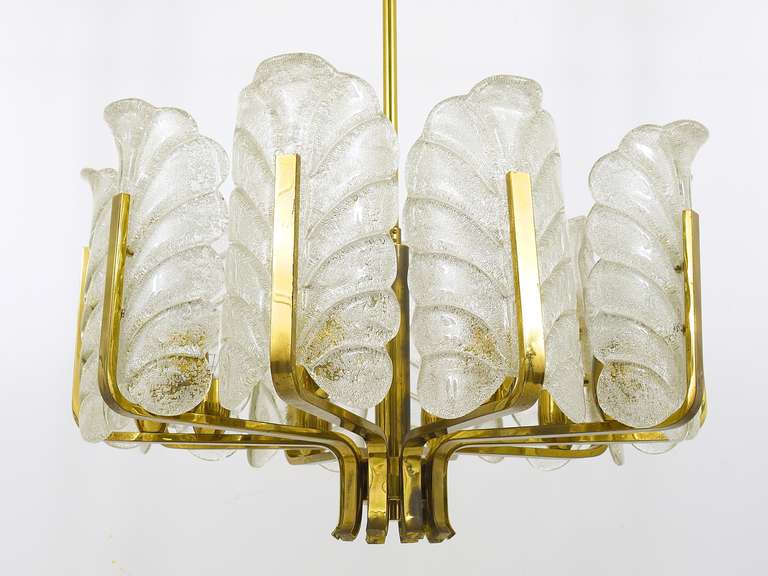 20th Century Carl Fagerlund Mid-Century Glass Leaves Brass Chandelier by Orrefors, 1950s