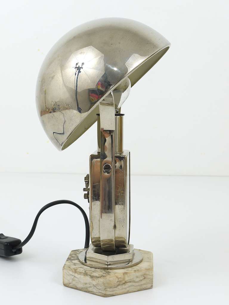 Hungarian Nickel-Plated Art Deco Mofem Side Lamp with Integrated Alarm Clock Bauhaus