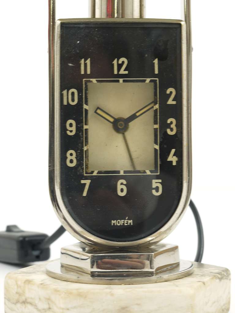 Nickel-Plated Art Deco Mofem Side Lamp with Integrated Alarm Clock Bauhaus 2