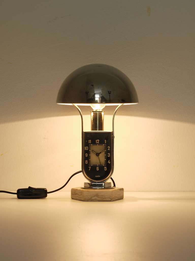 Nickel-Plated Art Deco Mofem Side Lamp with Integrated Alarm Clock Bauhaus 3