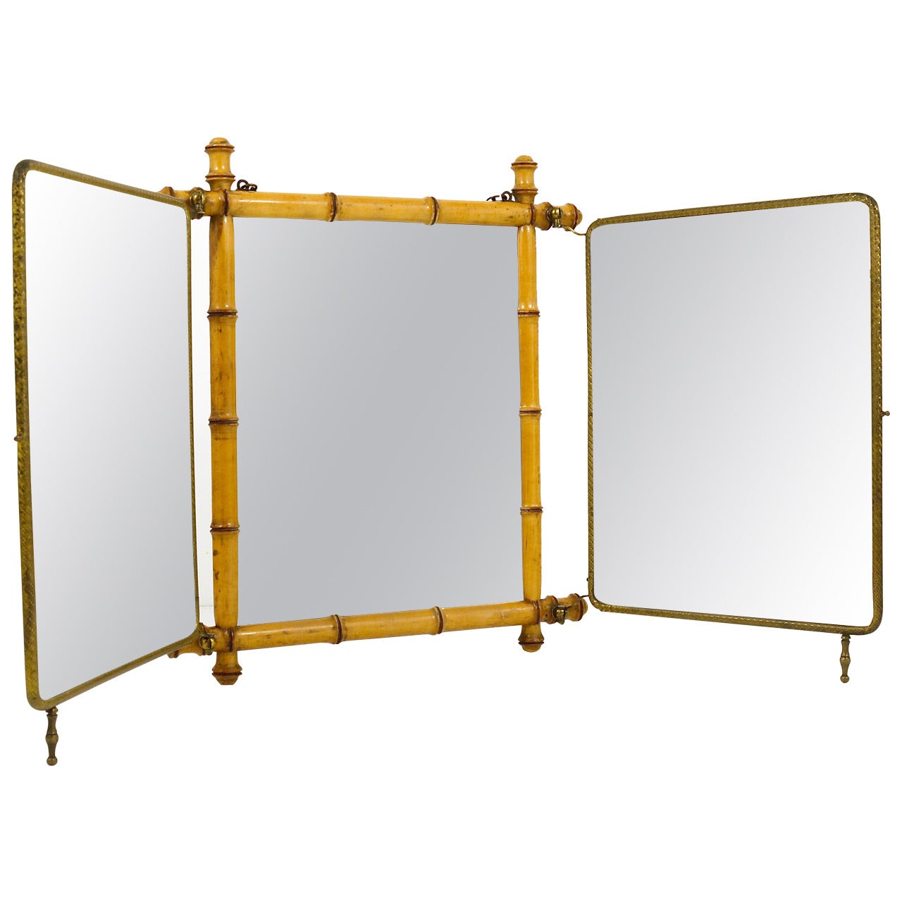 French Faux Bamboo and Brass Triple Vanity Table Mirror or Wall Mirror, 1950s