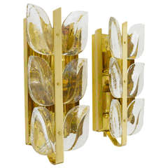 Pair of Kalmer Leaf Glass Brass Sconces from the 1970s