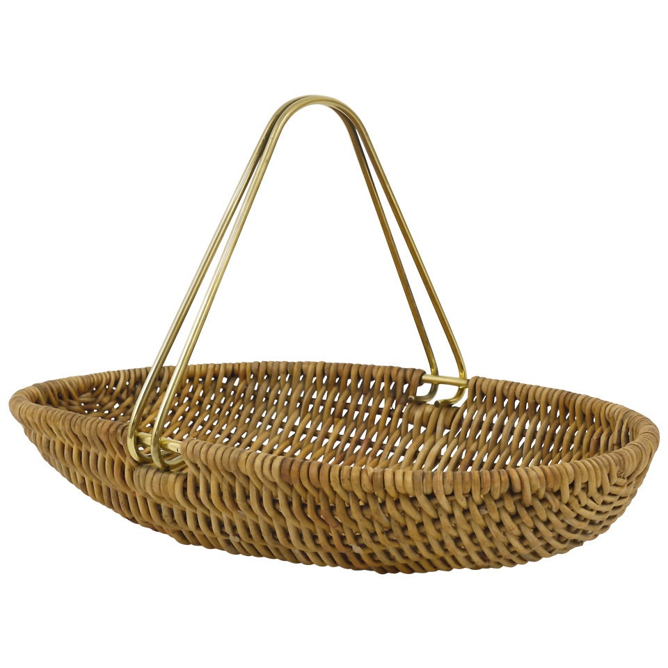 Carl Aubock Vienna Wicker Fruit Basket with Brass Handle, 1950s