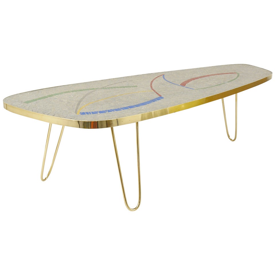 Italian Mid-Century Mosaic Tile Coffee Table with Brass Legs, 1950s