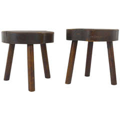 Pair of French Modernist Tripod Wood Stools in the Manner of Charlotte Perriand