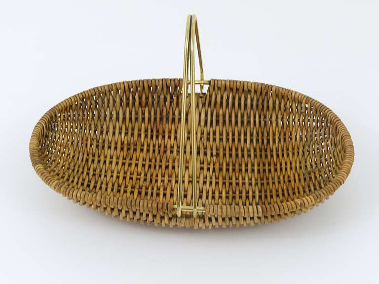 Mid-Century Modern Carl Aubock Vienna Wicker Fruit Basket with Brass Handle, 1950s