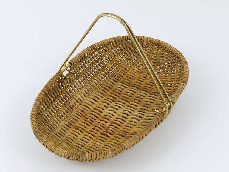 20th Century Carl Aubock Vienna Wicker Fruit Basket with Brass Handle, 1950s